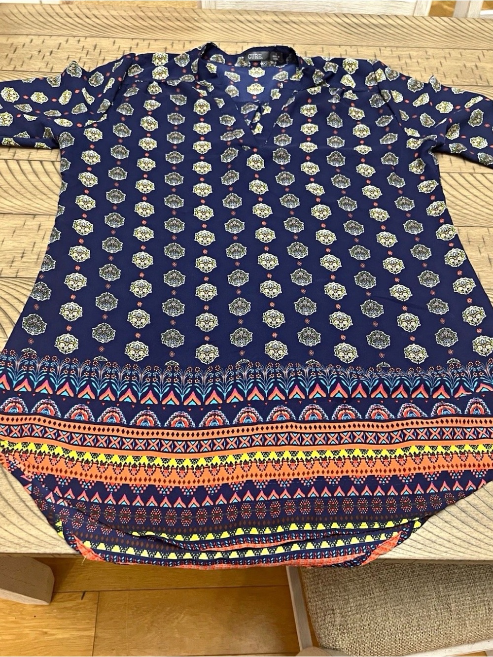 Ladies’ Navy Printed V-Neck Tunic with Colorful Border
